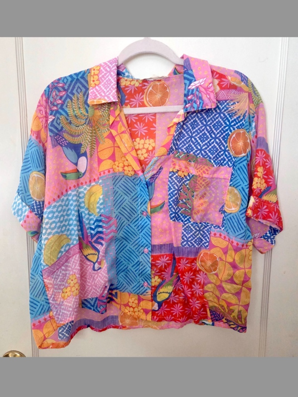 Blush Women's Sheer Tropical Pattern Button Down Shirt Size Large